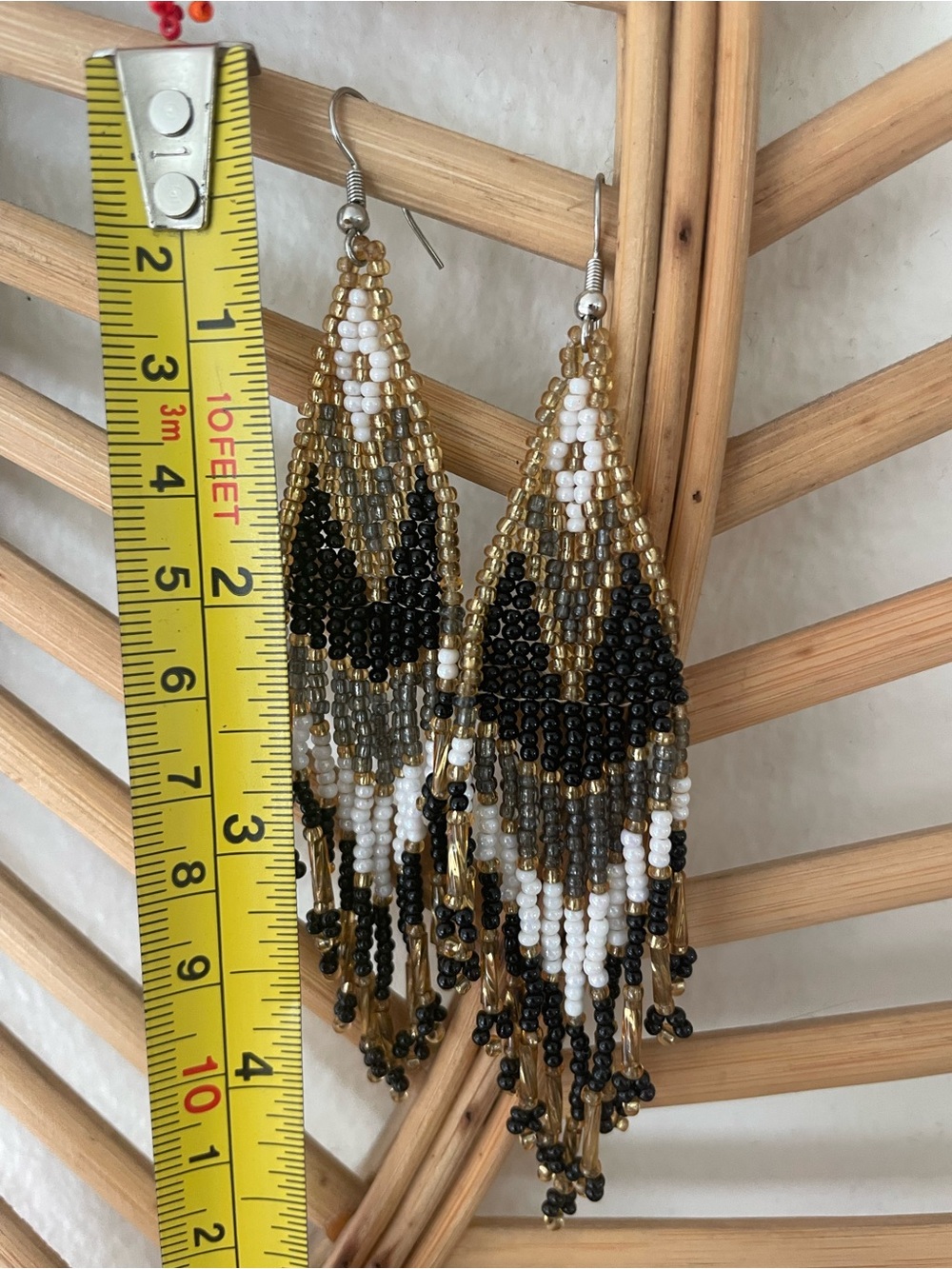 Beaded Fringe Earrings - Black, White & Gold